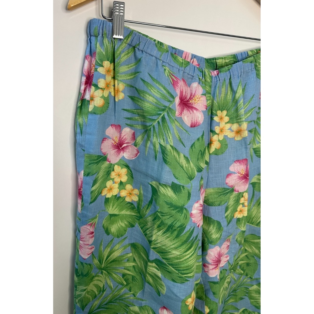 Shegos 100% Linen Pull On Crop Pants Tropical Hibiscus Floral Blue Pink Size 2 - Picture 3 of 10